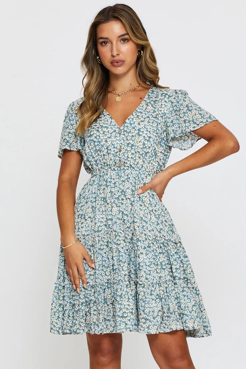 buttons floral short sleeve V-neck large swing dress NSJRM125266