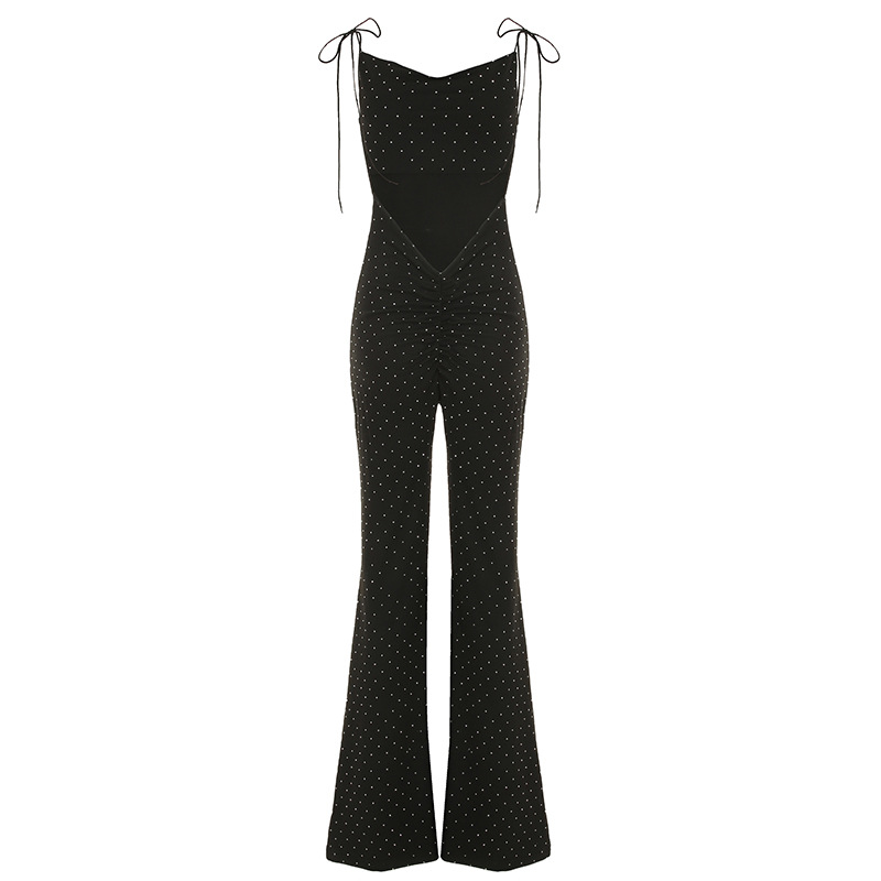 Women Clothing Rhinestone Sexy Siamese Trousers Elegant V neck Slim Fit Sheath Bell Bottom Pants Jumpsuit