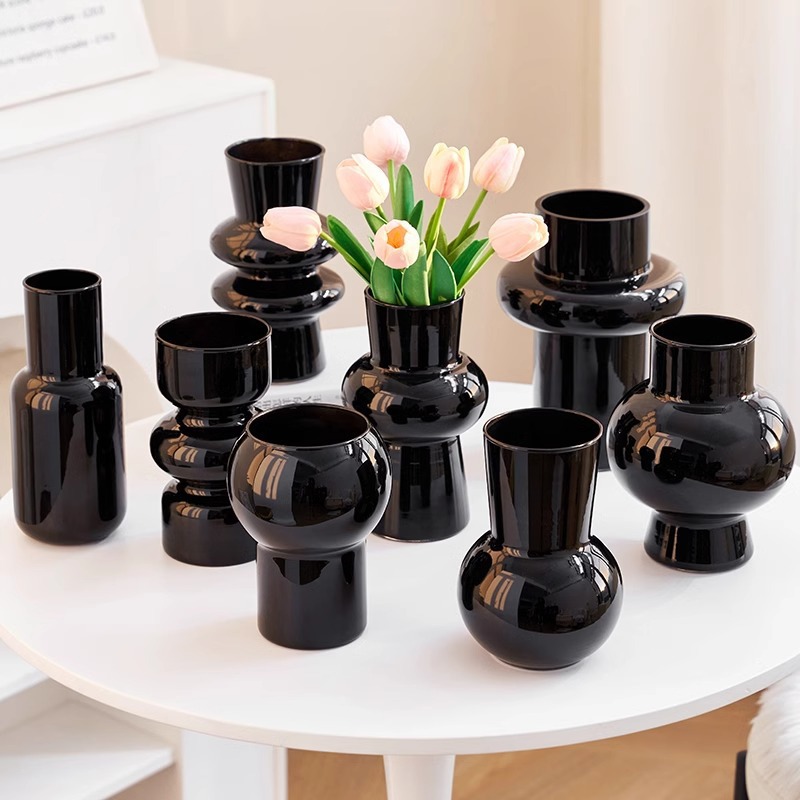 Nordic black medieval high-end style glass vase with Instagram style, home water culture high-end desktop flower arrangement decoration