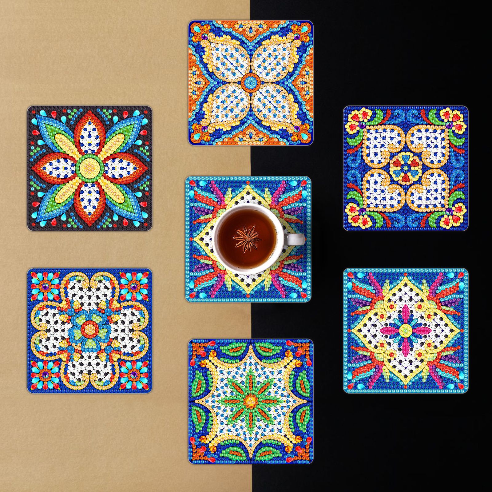 Diamante pintado alrededor de la almohadilla de taza DIY creativa cuadrada almohadilla de taza Mandala seis piezas conjunto de almohadillas de taza