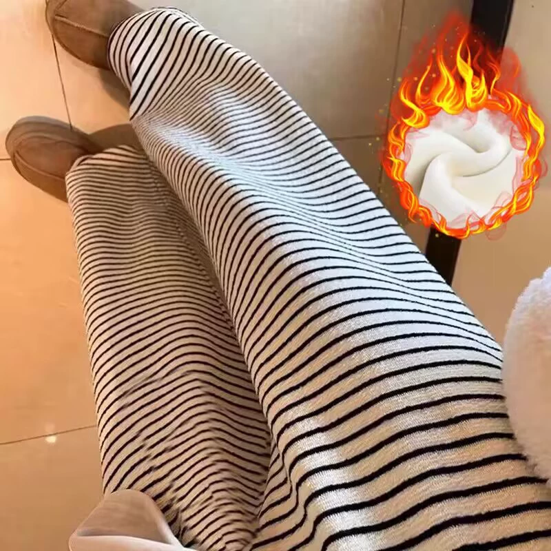 Брюки для беременных в полоску на флисовой подкладке, осень-зима 2025, утолщенные прямые повседневные махровые брюки, с высокой талией для поддержки живота, утягивающие широкие брюки.