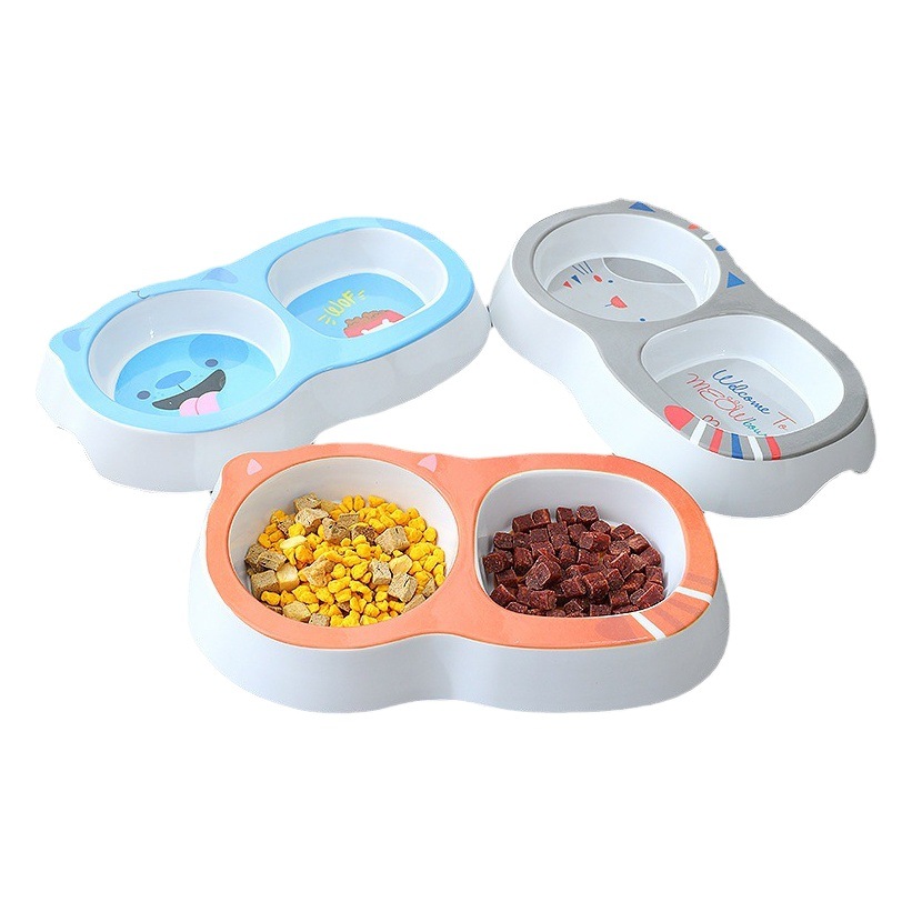 Fábrica al por mayor de dibujos animados cuadrado redondo para mascotas doble tazón perro tazón de plástico engrosado gato tazón resistente a la caída gato y gato vajilla