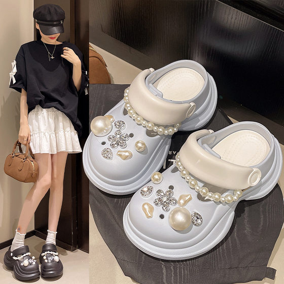 2025 summer new thick-soled non-slip EVA hole shoes summer women's outdoor wear all-match large pearl covered toe sandals
