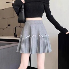 秋冬女装韩系简约纯色百褶针织短裙女高腰洋气减龄针织半身短裙