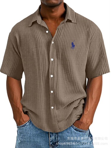 TikTok Temu 2025 New Cross-border Plus Size Embroidered Shirt for Men, Loose Pure Cotton Short Sleeve Collar Shirt