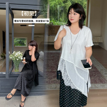 伊诺大码女装拼接蕾丝摆上衣2026夏季新款不规则女短袖T恤244591