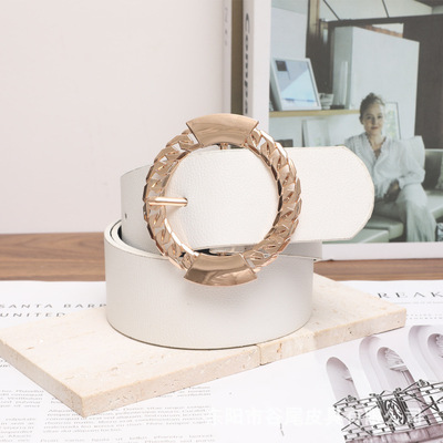 2022外贸款批发个性设计扣皮带白色PU皮腰带欧美风宽皮带女
