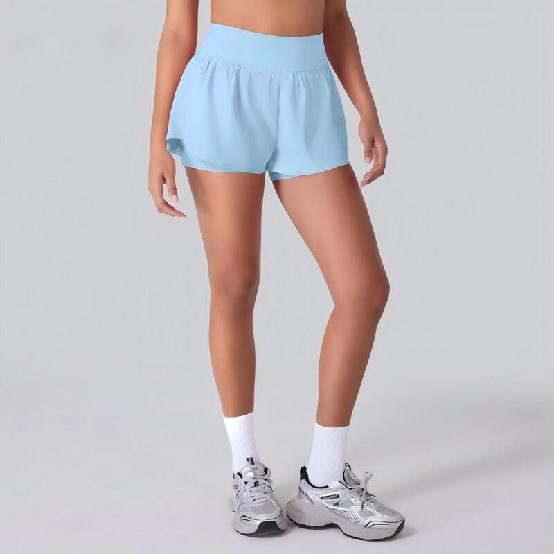 New stylish high-waisted double-layer anti-exposure sports shorts, lightweight, quick-drying, with invisible pockets, for running, fitness, and yoga in summer