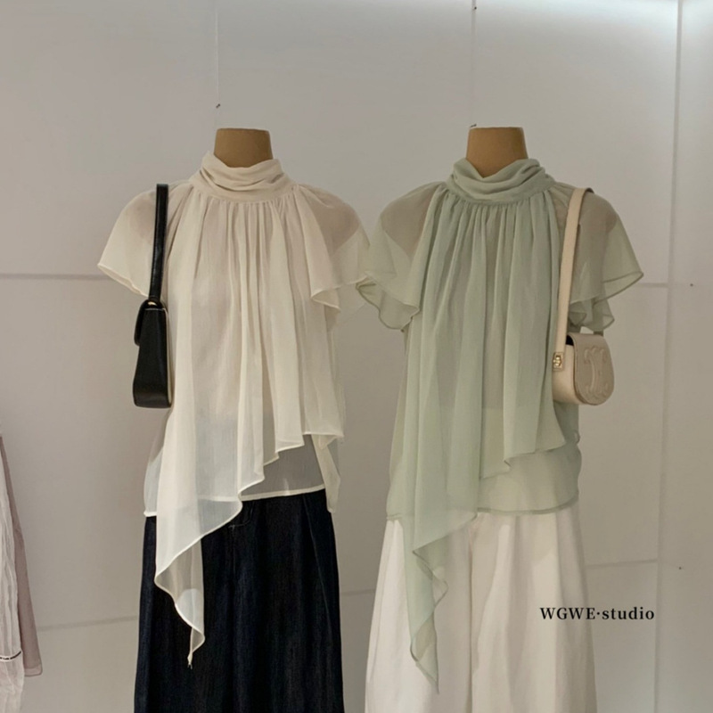 Wgwe2026 Summer Korean Style Pleated Versatile Lace-Up Irregular Neckline Short-Sleeved Shirt for Women W9855