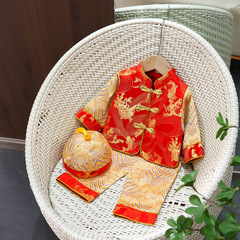 Mandarin-style traditional Chinese clothing for boys, suitable for spring and autumn, featuring a Chinese cultural and retro style, intended for children's birthdays and ethnic attire sets for baby boys.
