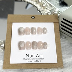 法式貓眼裸粉珍珠法式短款氣質高級假指甲純手工美甲穿戴甲光療甲
