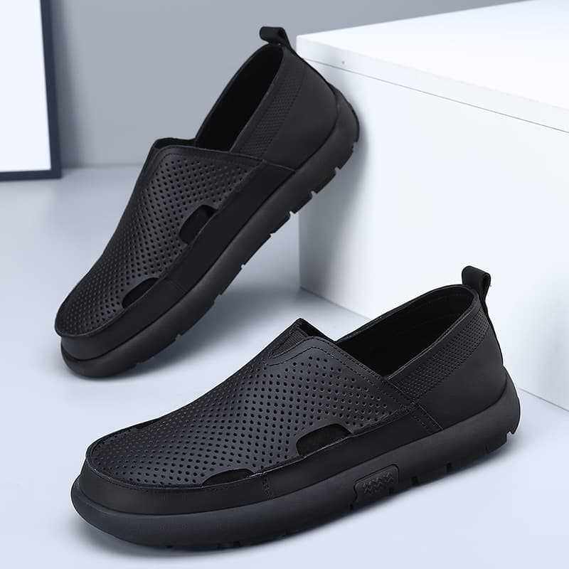Dép sandal nam da bò đế bằng mũi tròn kiểu lười thoáng khí, đế cao 1 cm — Trắng CB9926-2, Đen CB9926-2