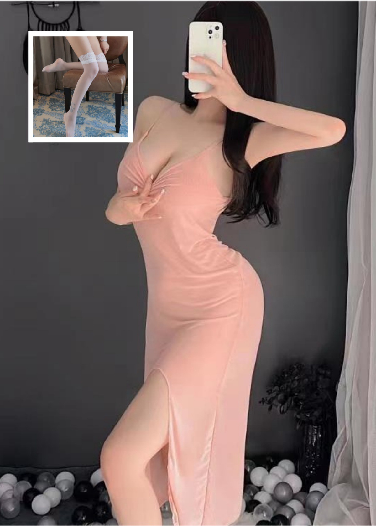 스킨 컬러 (롱 스커트 + T 바지) + 흰색 스타킹