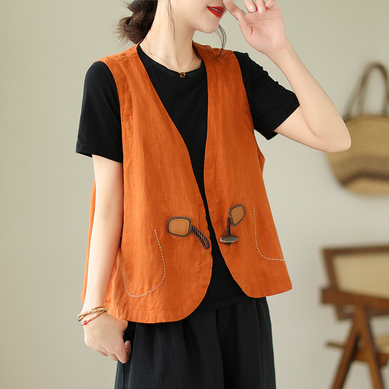 Real shot original 2023 Summer new pure color cotton and linen vest women's loose slimming horn buckle vest outer top