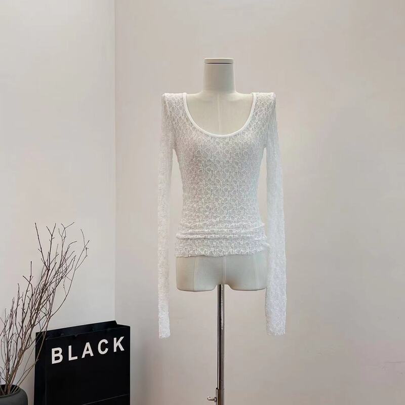 French Style Pure Wish Style Slightly Transparent U-Neck Long Sleeve Lace Shirt Women's Summer New Hot Girls Backless Inner Base Shirt Top French Style Pure Wish Style Slightly Transparent U-Neck Long Sleeve Lace Shirt Women's Summer New Hot Girls Backless Inner Base Shirt Top