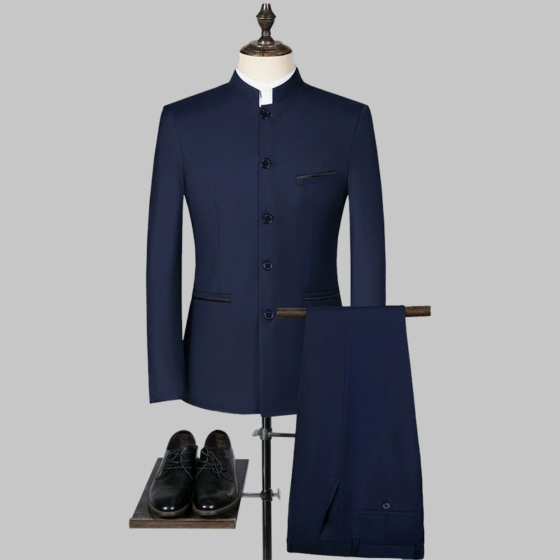 Мужской костюм-двойка в корейском стиле, приталенный, с воротником-стойкой, деловой наряд, рабочая одежда, официальная одежда, комплект рабочей одежды в стиле тан