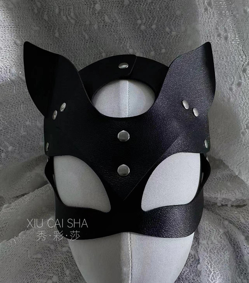 Leather Rabbit Eye Mask Hood, Black Flirting Blindfold Accessory — detail image 7