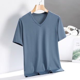 Men's Summer V-Neck Solid Color Short-Sleeve T-Shirt in Silky Mercerized Cotton, Quick-Dry and Lightweight