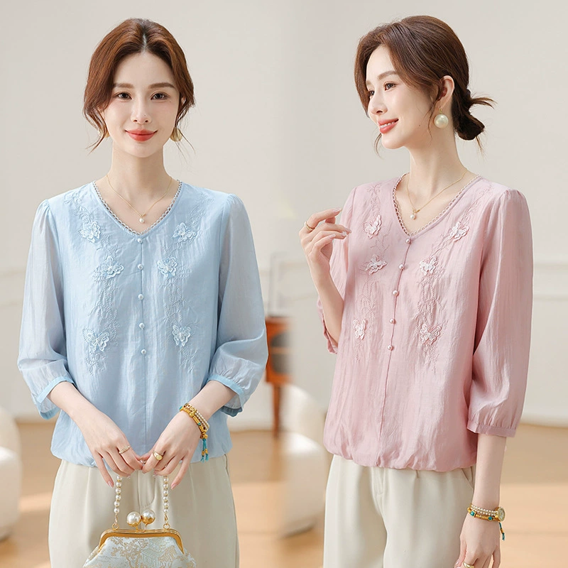 Рубашка с рукавом три четверти, женские летние новые топы с v-образным вырезом для женщин среднего и пожилого возраста, свободные повседневные рубашки для мам с вышивкой