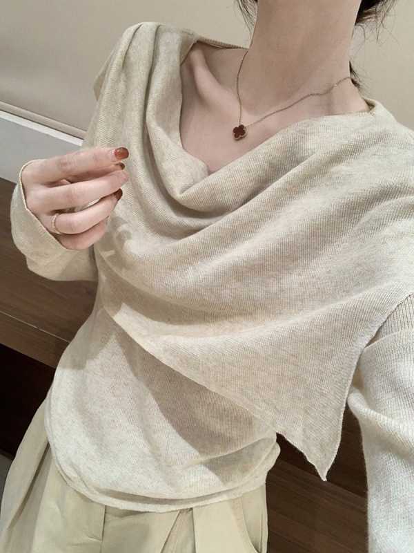 木四 秋冬设计感荡领披肩打底两件套女装针织衫显瘦长袖上衣M6694|undefined