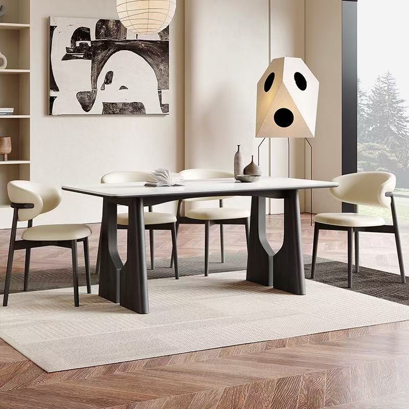 Mesas y sillas de comedor de madera maciza de estilo antiguo, mesa de comedor de tablero de roca para el hogar rectangular pequeño apartamento de celebridades de Internet negro retro francés