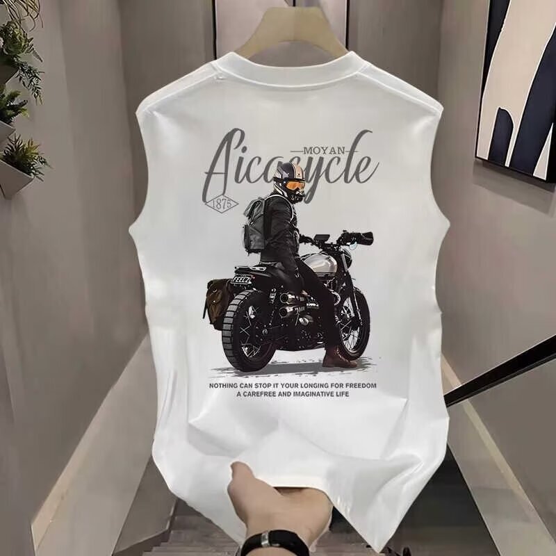 Trendy Brand Sleeveless Vest Cotton T-shirt Men's Summer New Sports Casual Street Motorcycle Printed Waistcoat