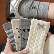 诸暨袜子女士韩系ins潮蝴蝶结堆堆袜日系复古棉质吸汗透气中筒袜