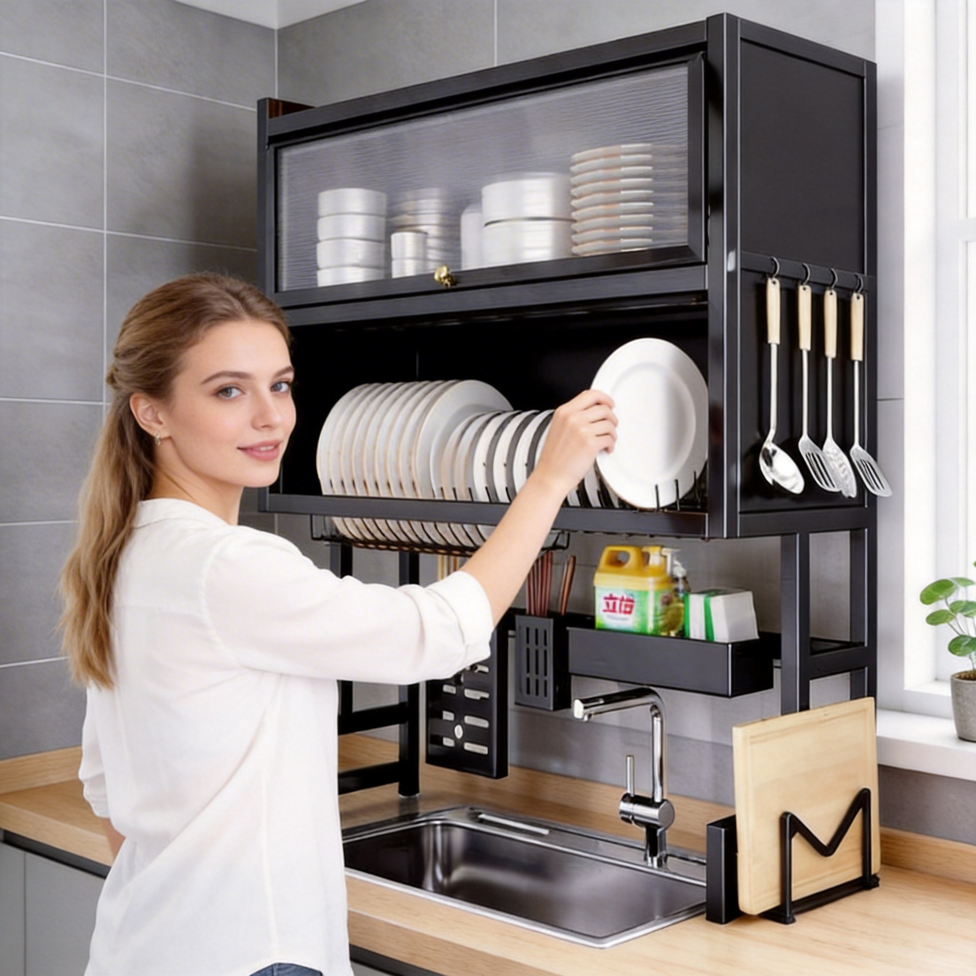 厨房双层水槽置物架家用碗碟多功能收纳柜水池台面带门防尘沥水架