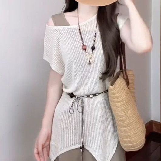 慵懒韩系时尚套装女夏新款防晒宽松针织罩衫显瘦背心连衣裙两件套|undefined