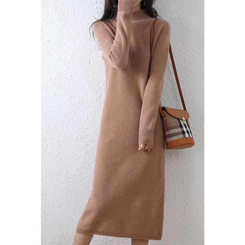 Falda larga de estilo elegante para ir al trabajo, otoño e invierno 2025, vestido de punto de color puro con cuello medio de punto, intelectual y suave. image 12