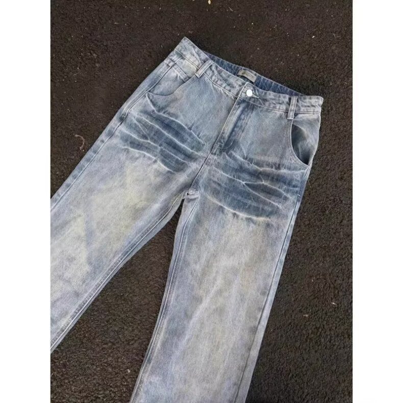 Men's Vintage Washed Blue Jeans with Lightning Bolt Pattern Midweight Straight Fit for Spring Autumn American Style Cool Edgy Streetwear_mkmklike.com