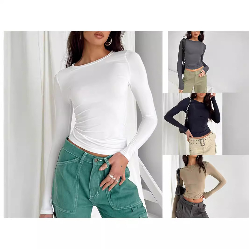 2023 European and American Clothing Autum Versatile Asymmetrical Slim Bottoming Top T-Shirt Round Neck Pure Color Slim Long Sleeves