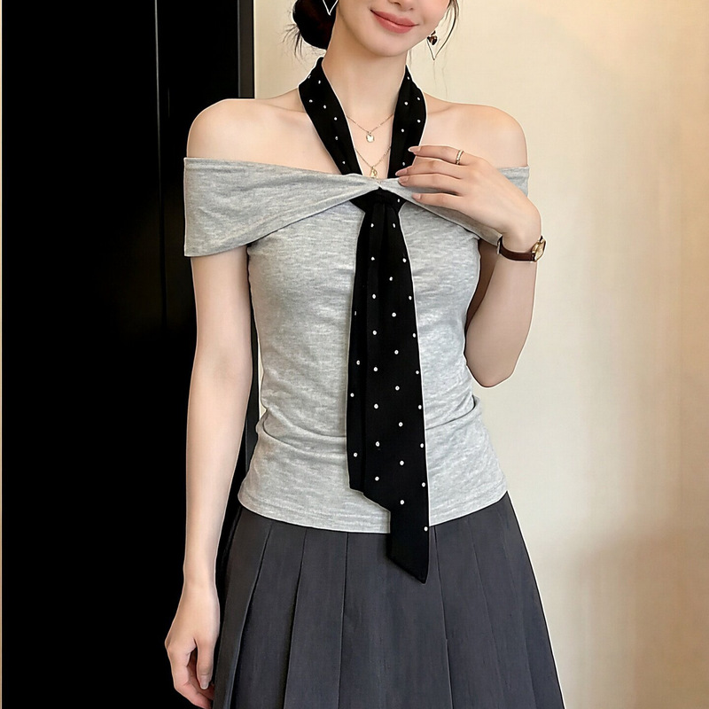 Summer New Style Korean Fashion Spicy Girl Pure Desire Slim Fit Off-Shoulder Halter Neck Tie Short Sleeve T-Shirt Top for Women
