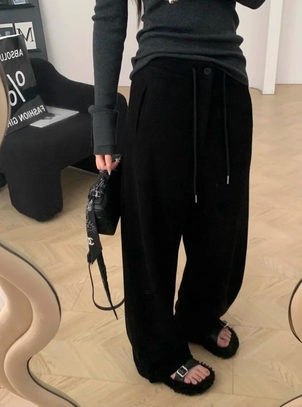 毛呢裤子灰色抽绳加厚休闲裤女2025秋冬新款慵懒风直筒宽松阔腿裤|undefined