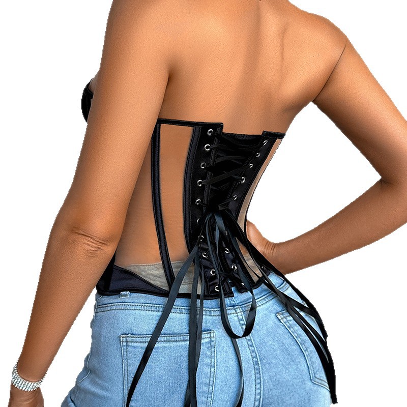 Francés transpirable malla corte corset cosido cintura corset de hueso de pescado hot chick sexy en el pecho de la camisa de mujer