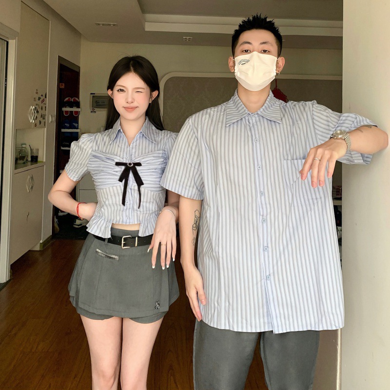2023 여름 퍼프 소매 반팔 대학 스타일 셔츠 디자인 활 최고 여성 여름 스파이스 소녀 커플 원피스