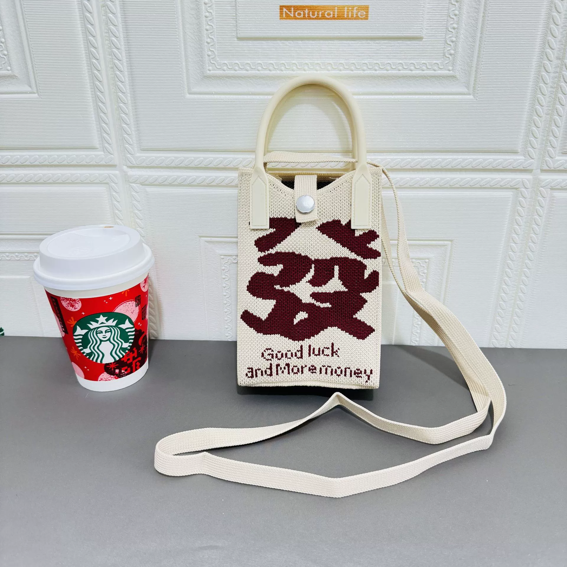 Universal capacious knitted shoulder bag, red festive gift box, purse