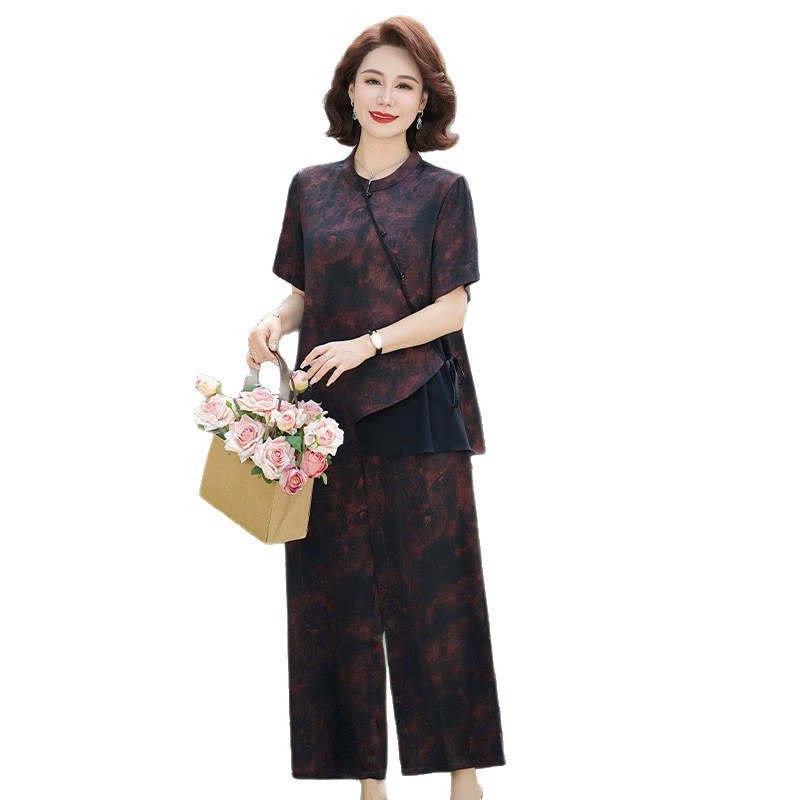 Летний костюм для мамы, новая шифоновая рубашка в китайском стиле, летняя рубашка с короткими рукавами для среднего и пожилого возраста, топ, комплект из двух предметов для женщин