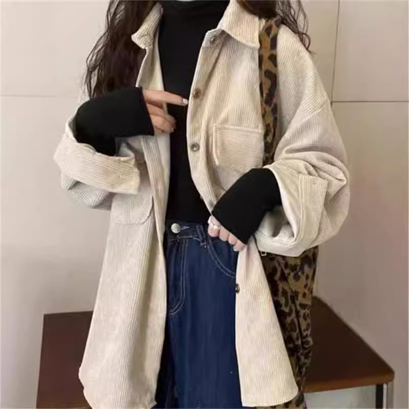 Lazy Hong Kong Style Retro Pink Corduroy Shirt Women's Design Sense Niche Spring and Autumn Loose Casual All-match Jacket
