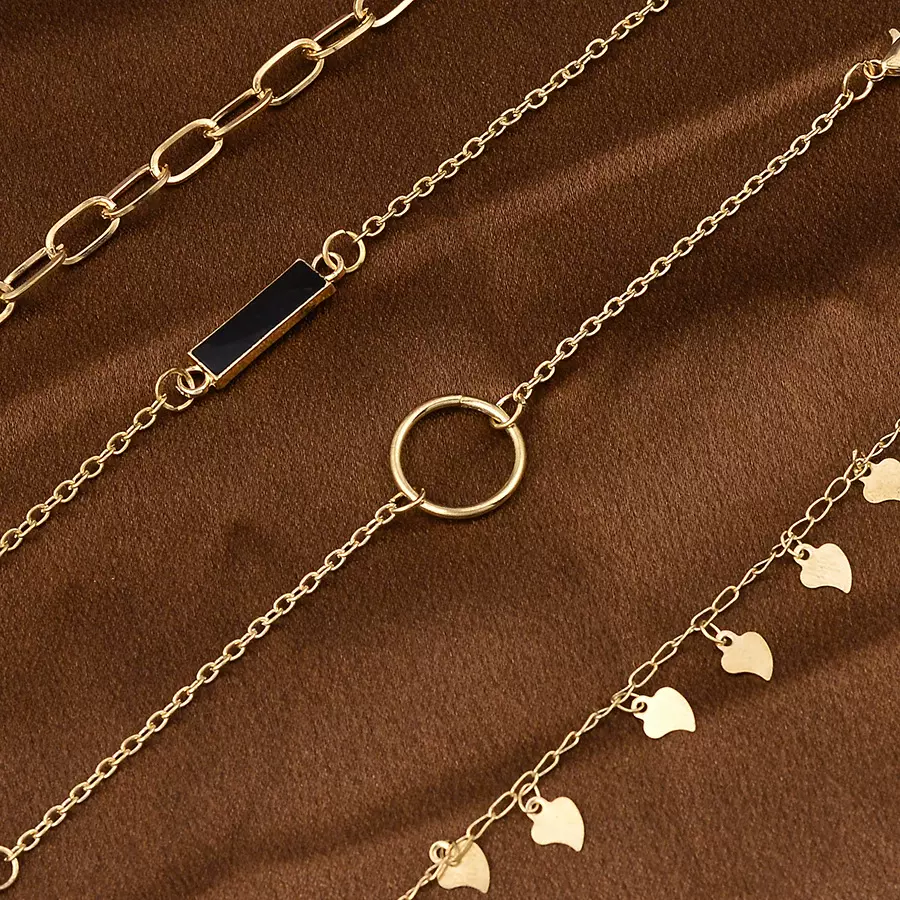 欧美跨境简约圆圈叶子流苏黑色几何方形四件套手链 复古潮流饰品