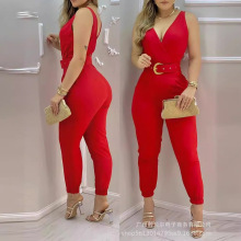 欧美新款女装气质红色V领休闲连体套装LZS0975时尚气质