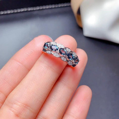 S925 Silver Natural London Blue Topaz Ring for Women, Korean Style Fashion Crystal Full Net Firework Flash Meticulous Setting