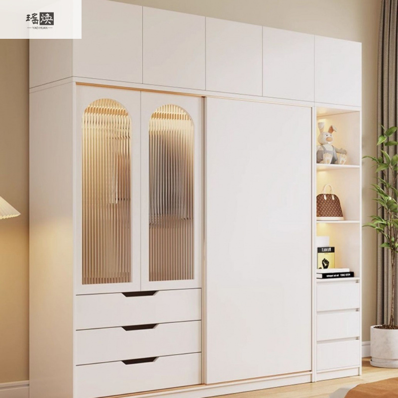 法式奶油风衣柜卧室家用推拉门玻璃实木衣橱现代简约储物柜子
