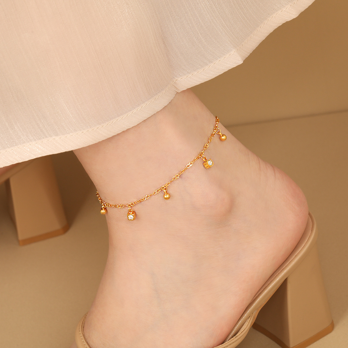 欧美跨境轻奢小众不锈钢镶钻圆珠吊坠脚链时尚个性简约钛钢脚饰品