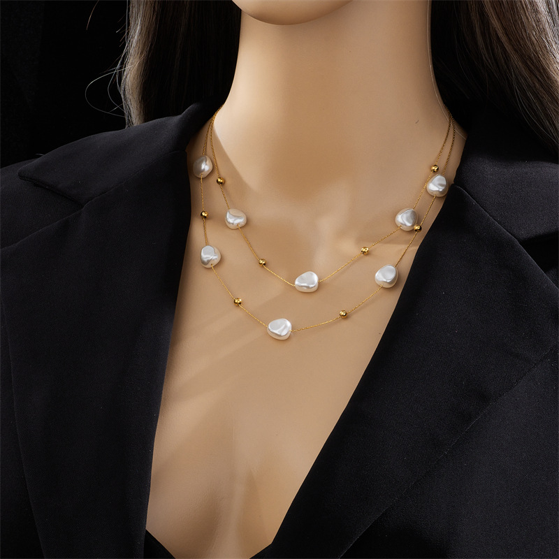 French Style Irregular Titanium Steel Pearl Plating Layered Necklaces 1 Piece