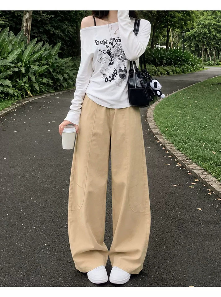 Quần ống rộng nữ cạp cao dáng suông thoải mái phong cách thường ngày — Kaki [Kiểu thông thường], Kaki [dành cho người cao], Kaki [dành cho người nhỏ nhắn], Màu xám nâu [dành cho người cao] chi tiết 14