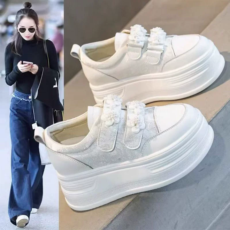 High white shoes with velcro, summer footwear platform, Chinese style