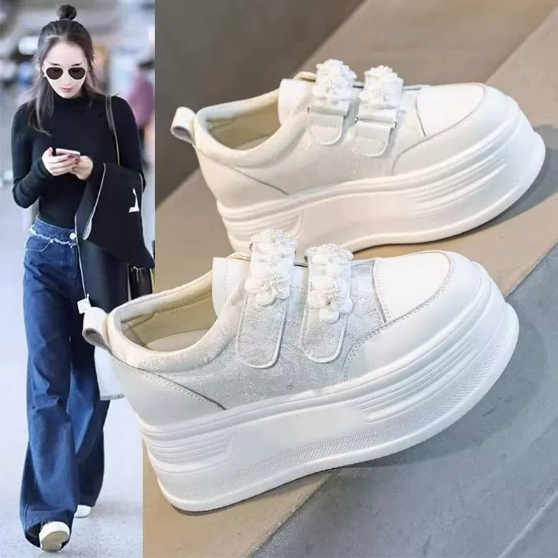 High white shoes with velcro, summer footwear platform, Chinese style
