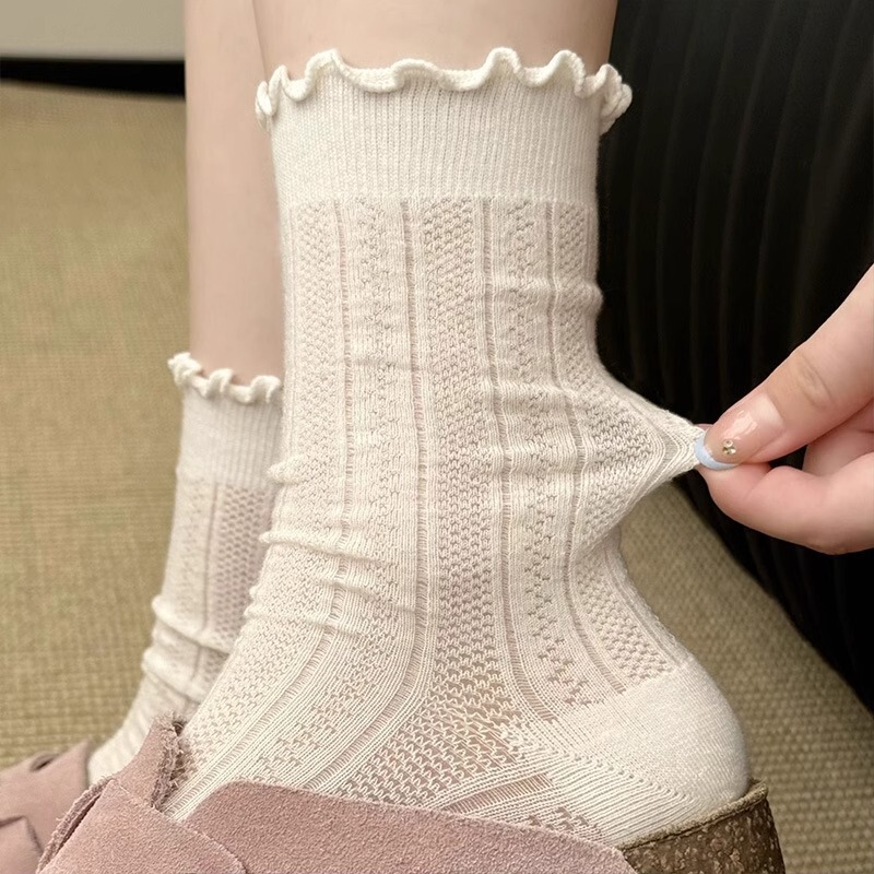 Wood-ear socks women's mid-tube socks summer thin stockings cotton mesh breathable spring and autumn Japanese white pile socks