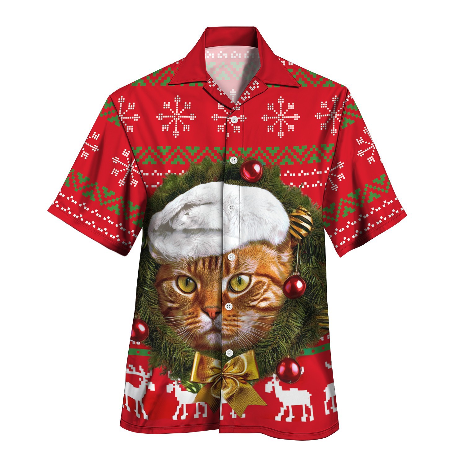 3D estampado digital patrón de alce festivo serie roja venta directa de fábrica camisa con cuello cubano MB33